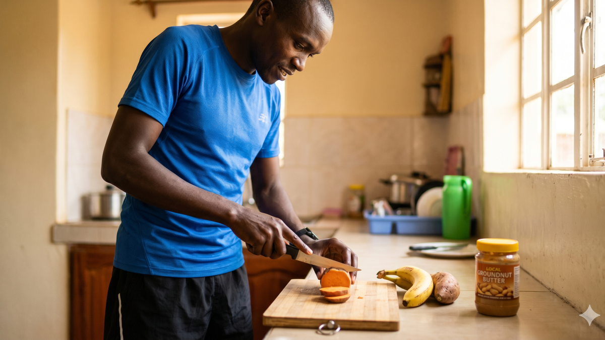 Kenyan athlete preparing sweet potato and groundnut butter in a sunlit home kitchen. PHOTO/Gemini