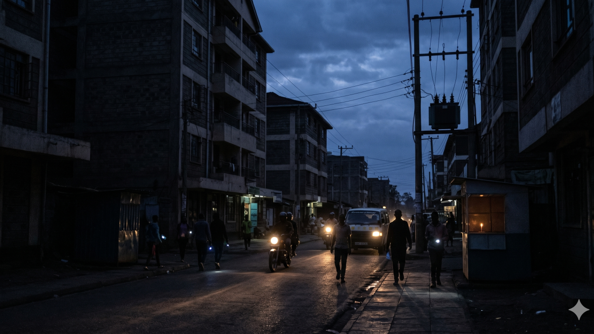 A photo-realistic image of a street in Nairobi, plunged into complete darkness during an evening power blackout, with only a few vehicle lights and personal torches providing any illumination. PHOTO/Gemini.