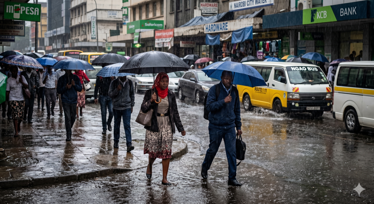 Pedestrians use umbrellas on a rainy Nairobi street. PHOTO/Gemini