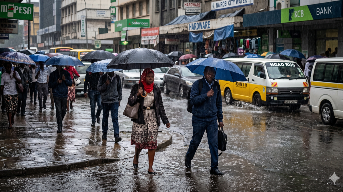 Pedestrians use umbrellas on a rainy Nairobi street. PHOTO/Gemini