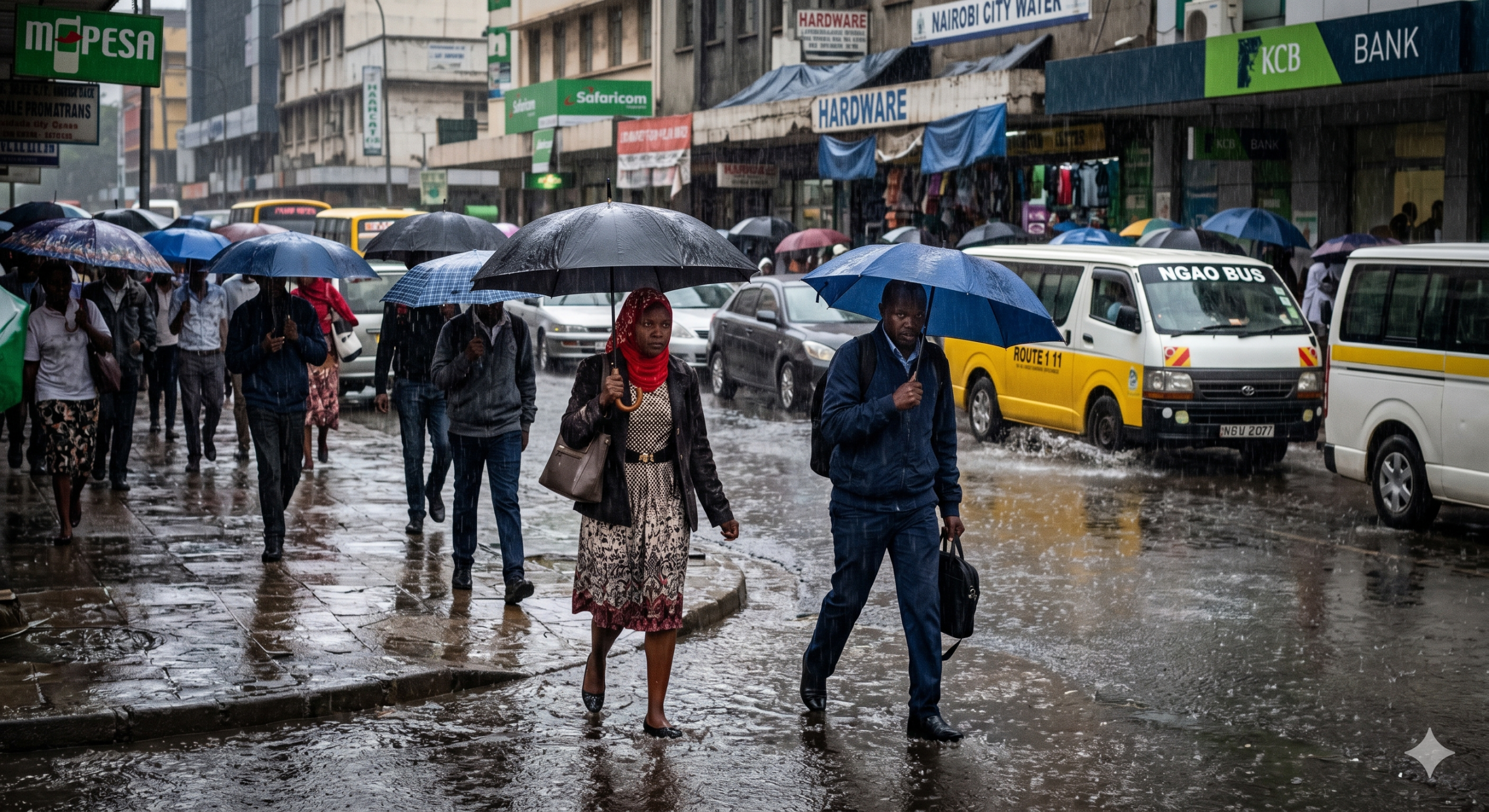 Pedestrians use umbrellas on a rainy Nairobi street. PHOTO/Gemini