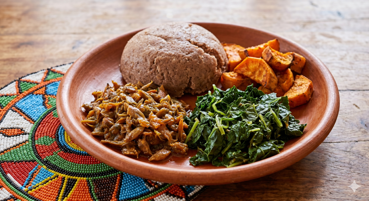 A vibrant earthenware plate holds a diverse meal of fresh brown ugali, stewed omena, sukuma wiki, and roasted sweet potatoes. PHOTO/Gemini