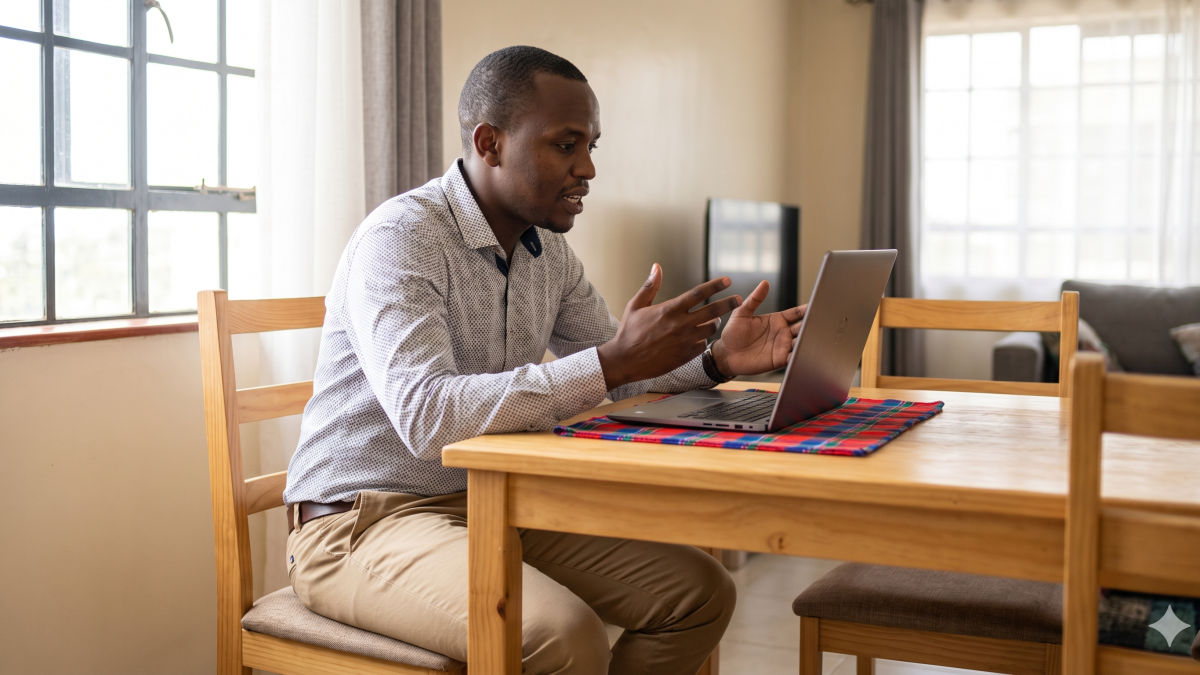 A man in his 20s starts an unplanned remote workday, video calling from his dining table. PHOTO/Gemini