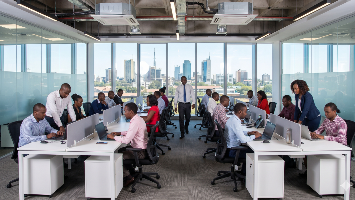 A wide view of a modern Nairobi office teeming with Kenyan professionals. PHOTO/Gemini