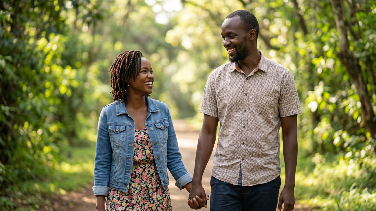 A happy couple walks hand-in-hand through a forest, sharing a laugh. PHOTO/Gemini