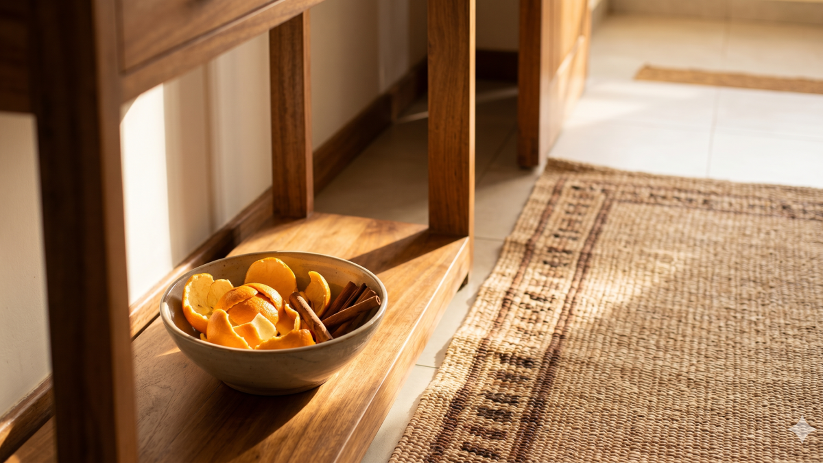 Fresh orange peels and cinnamon sticks catch the sunlight in a welcoming entryway bowl. PHOTO/Gemini
