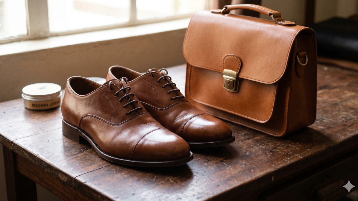 A pair of leather shoes and a leather bag. PHOTO/Gemini