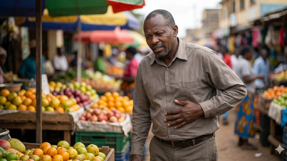 A wincing man pressing his hand to his painful right upper abdomen in a busy market. PHOTO/Gemini