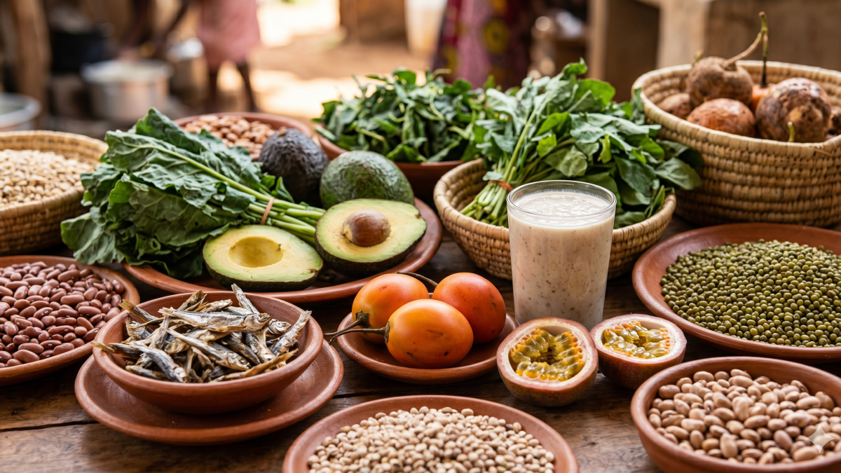 A flat-lay photograph showcasing an abundant arrangement of healthy Kenyan staple foods like sukuma wiki, avocados, omena, tree tomatoes, and wimbi porridge on a rustic wooden table. PHOTO/Gemini
