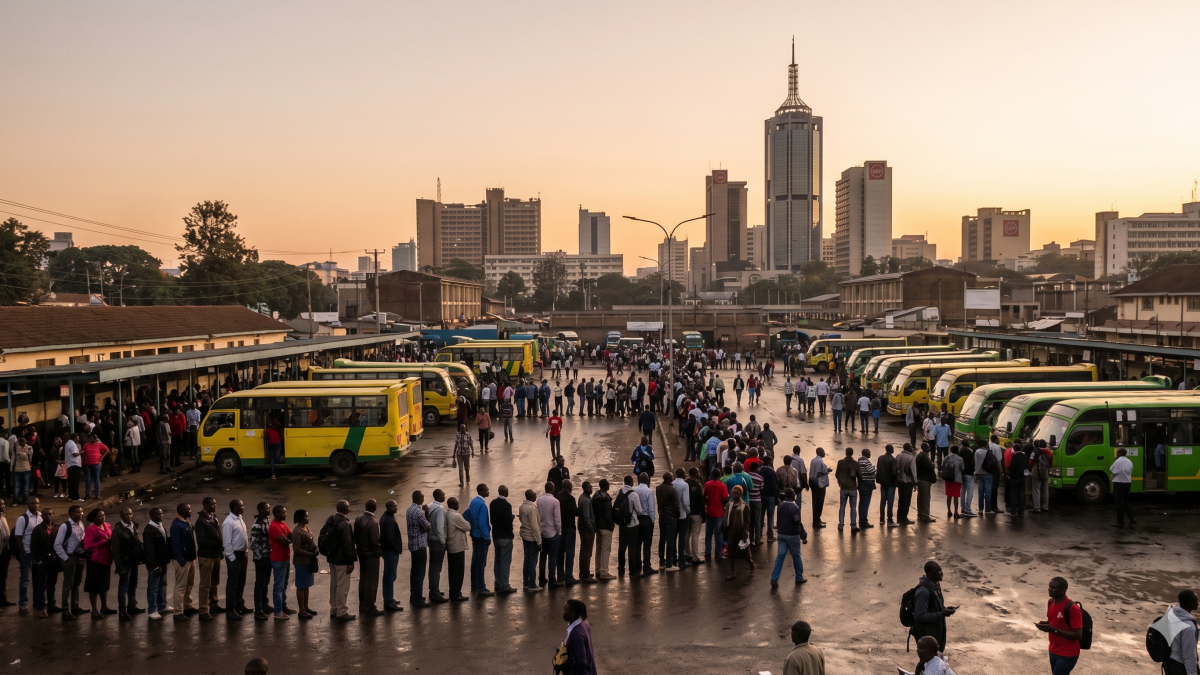 A dense evening crowd of resilient commuters waiting at a busy matatu terminal under a warm sunset. PHOTO/Gemini