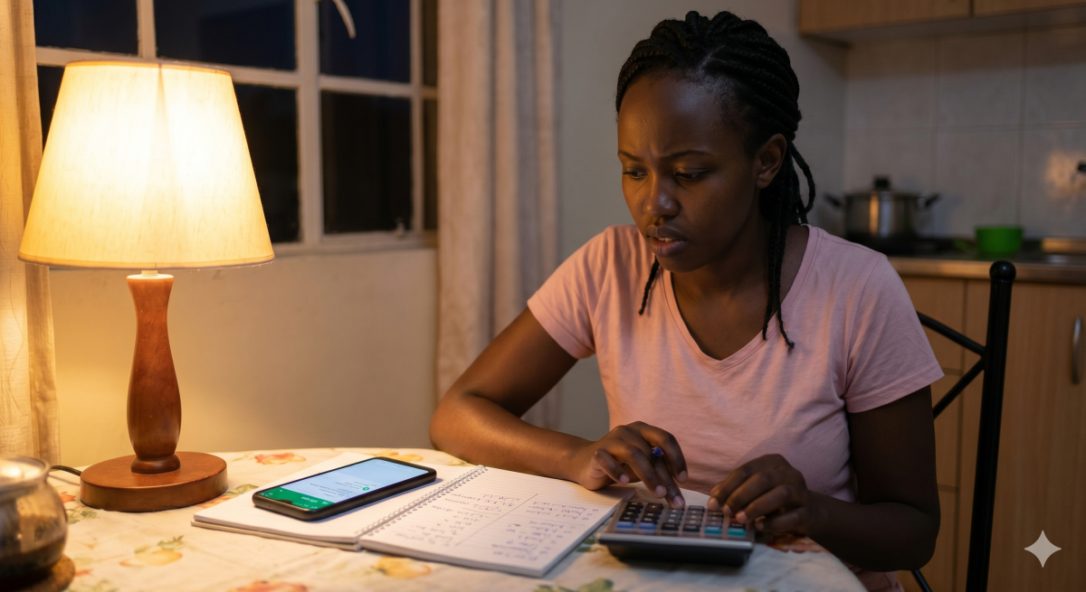 A slightly stressed woman compares a recent M-Pesa statement on her phone with her handwritten budget plan late at night. PHOTO/Gemini