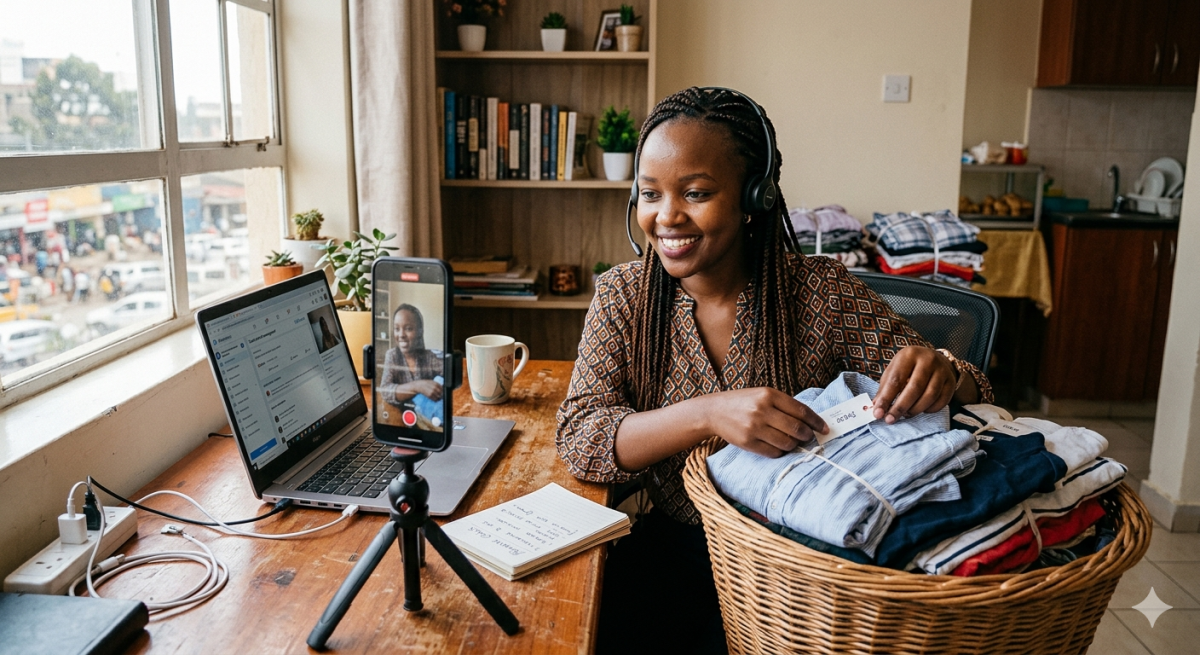 A lady doing content creation by selling items online as a side hustle. PHOTO/Gemini