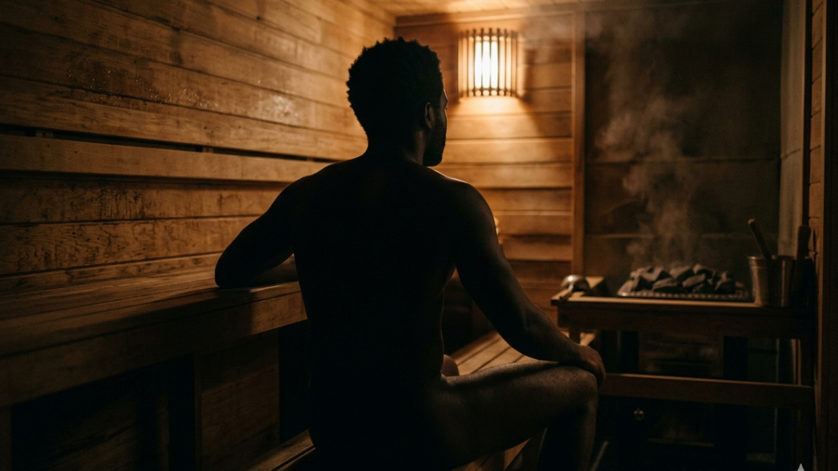 A muscular Black man with short hair sits naked on a wooden sauna bench. PHOTO/AI