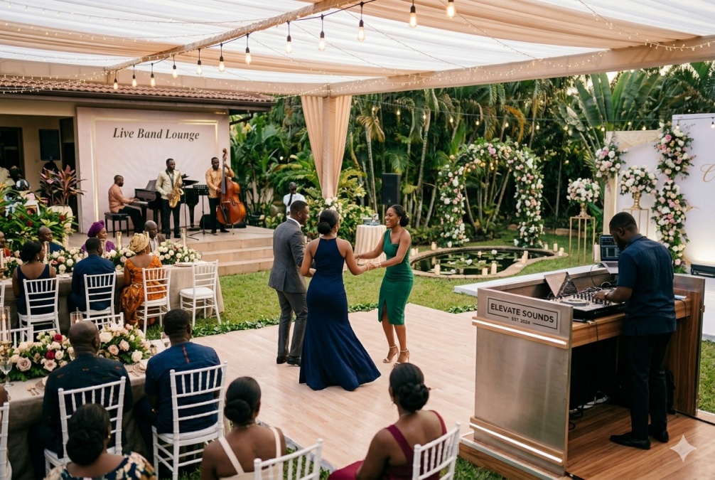 A formal outdoor wedding reception is captured from a rear-facing viewpoint. PHOTO/AI