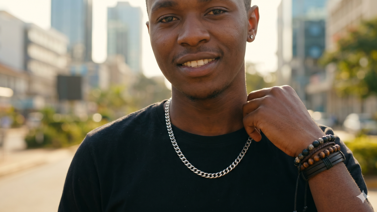 A confident portrait of a man in Nairobi, accessorized with layered chains and bracelets. PHOTO/Gemini