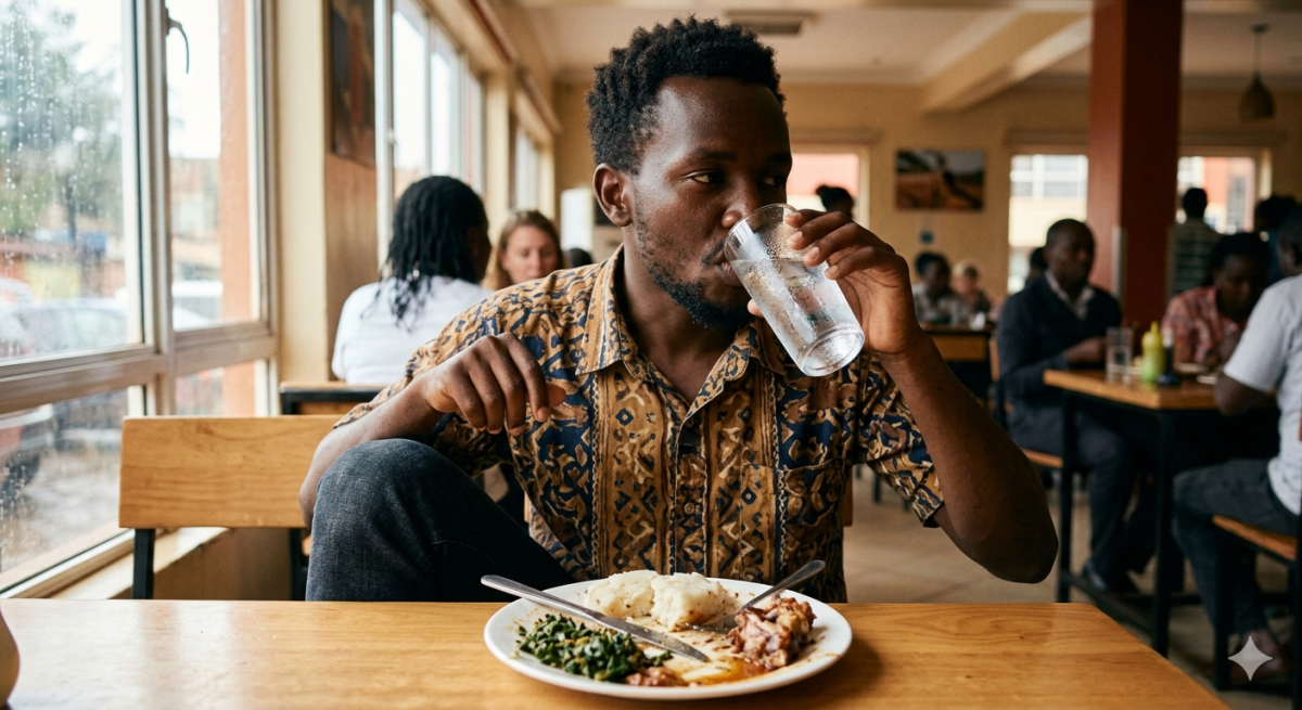 A man is drinking cold water immediately after eating. PHOTO/ AI