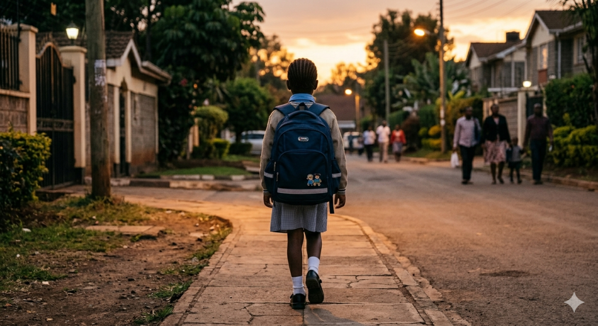 A child walking from home to school alone. 