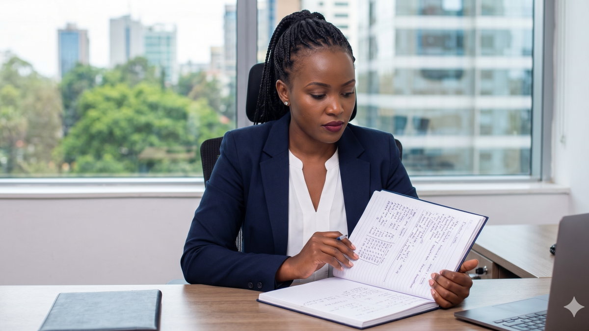 A professional woman reviewing a notebook filled with compiled data in a modern office, preparing for a meeting. PHOTO/Gemini