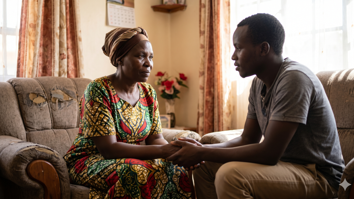 A Kenyan mother holding her son's hands, sharing essential, loving advice before his planned journey. PHOTO/Gemini