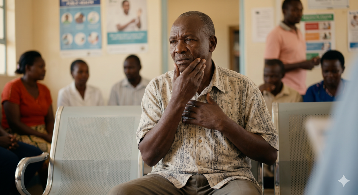 An older man sitting in a community clinic waiting room, thoughtfully rubbing his jaw and chest. PHOTO/Gemini