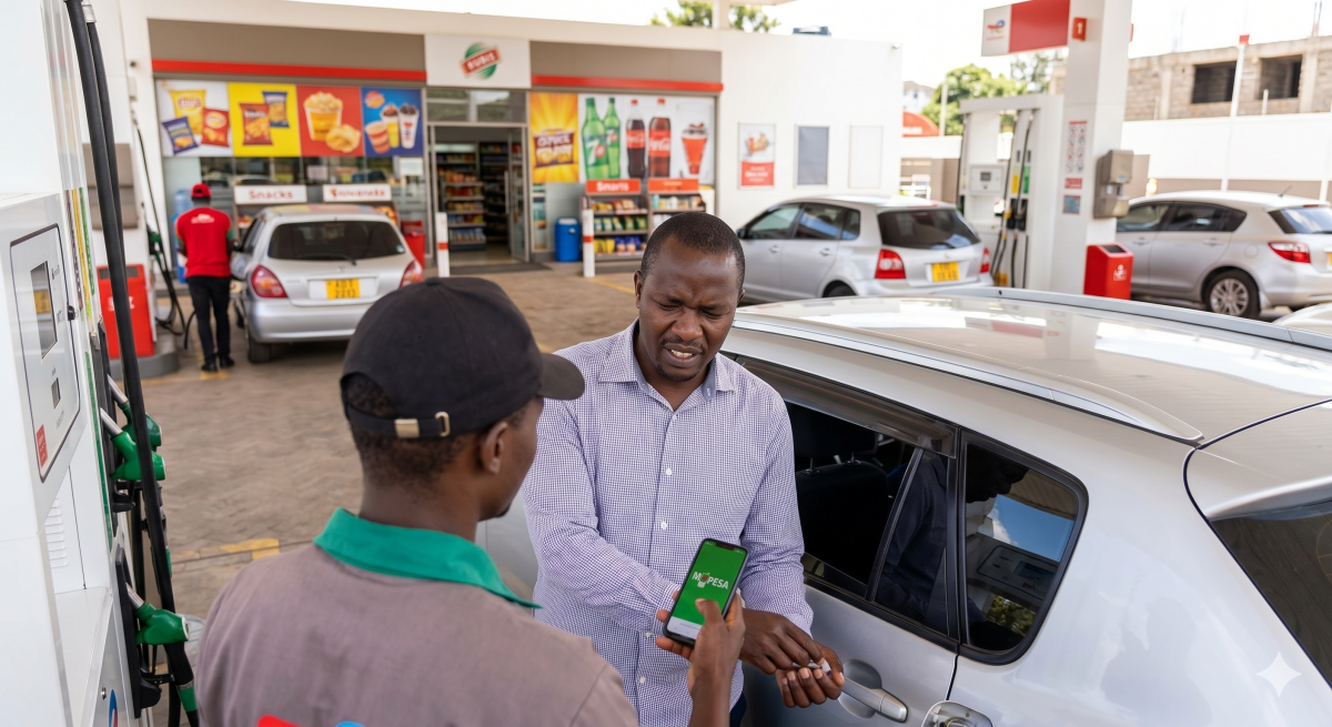 A driver looks stressed while refuelling at a busy petrol station, with a brightly lit convenience store visible. PHOTO/Gemini