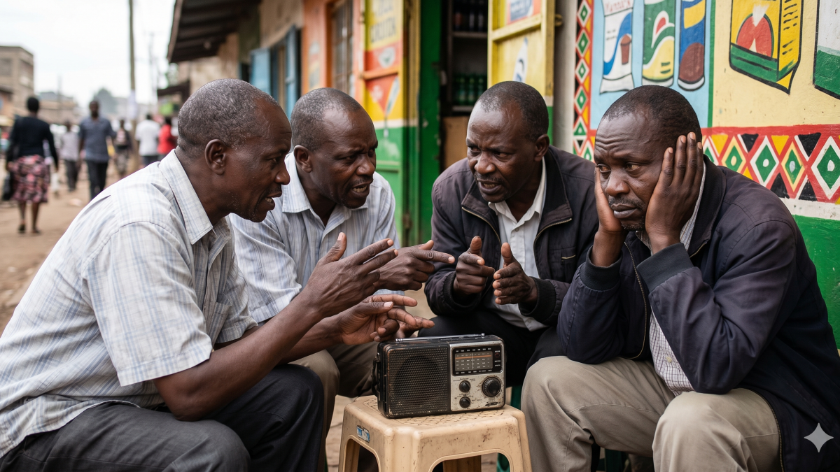Kenyan men debate intensely around a portable radio while one man attempts to block out the noise. PHOTO/Gemini