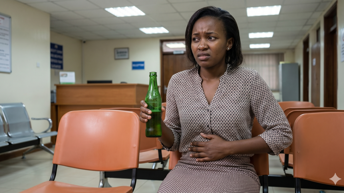A young woman winces in an office hallway, holding her bloated stomach after drinking a soda. PHOTO/Gemini