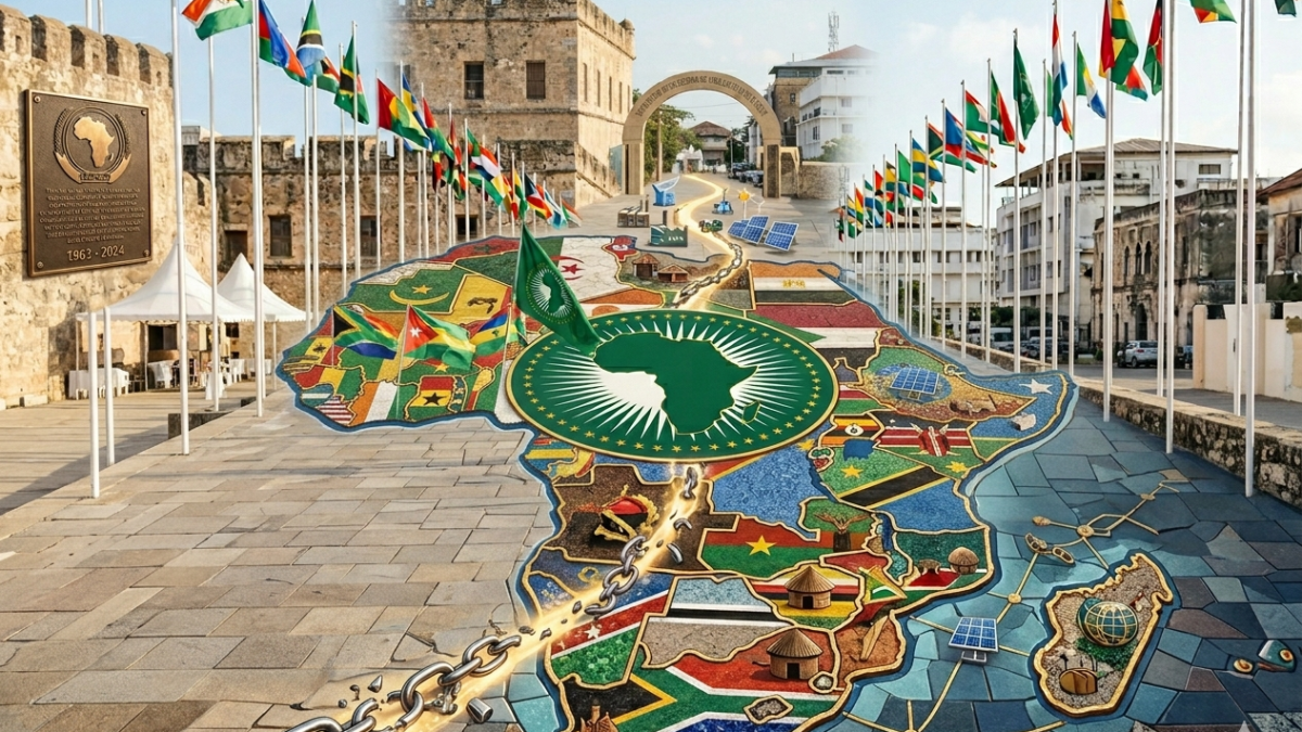 African map mosaic surrounded by flags. PHOTO/AI