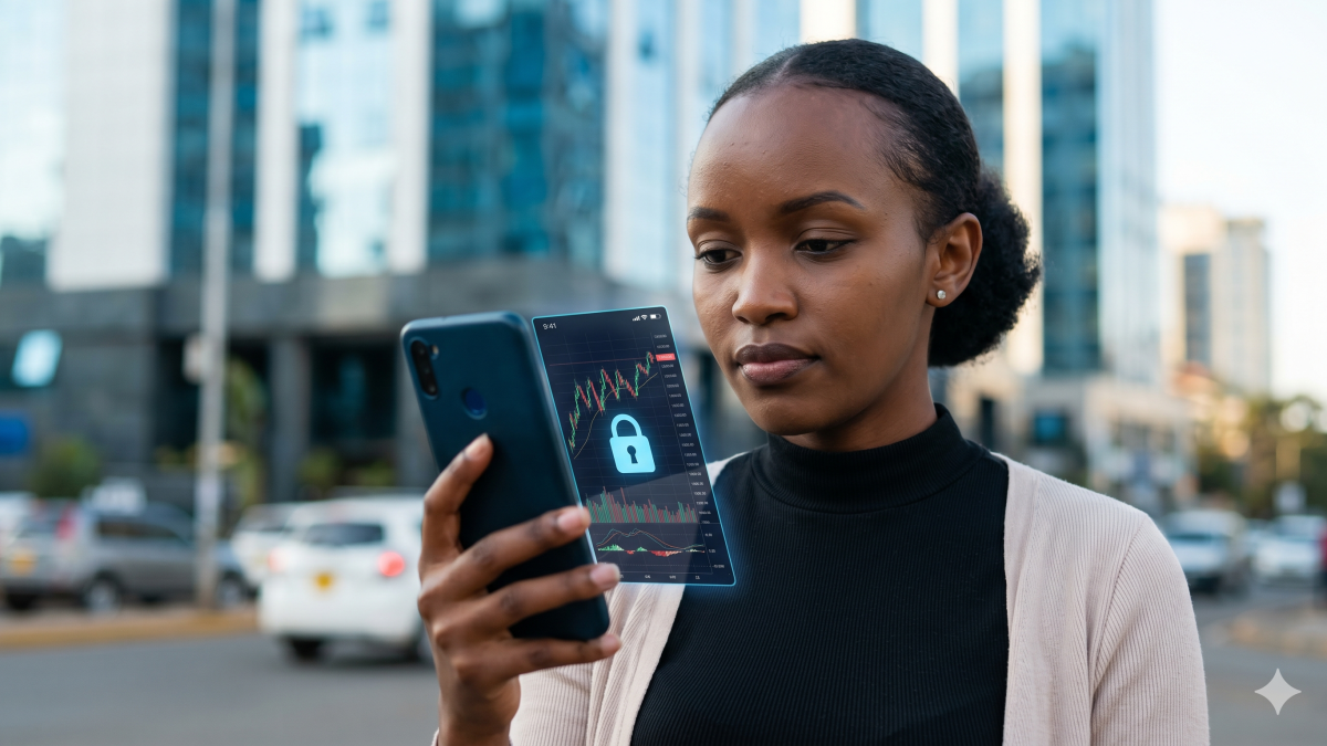 A sceptical young woman uses her smartphone to analyze complex cryptocurrency charts, looking for signs of a scam. PHOTO/Gemini