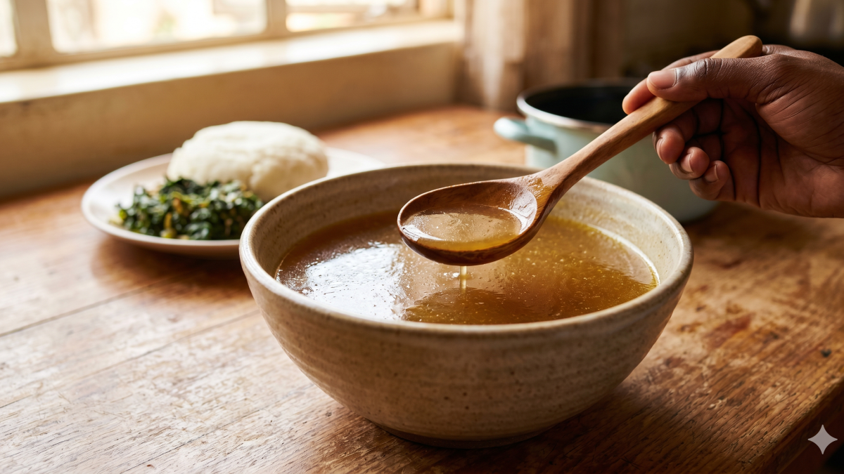 A rich, golden bowl of bone broth being served alongside ugali and sukuma wiki. PHOTO/Gemini