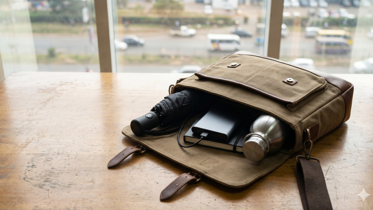 A professional canvas and leather bag sits on a desk, revealing a compact umbrella, water bottle, and a power bank, set against a blurred Nairobi skyline. PHOTO/Gemini