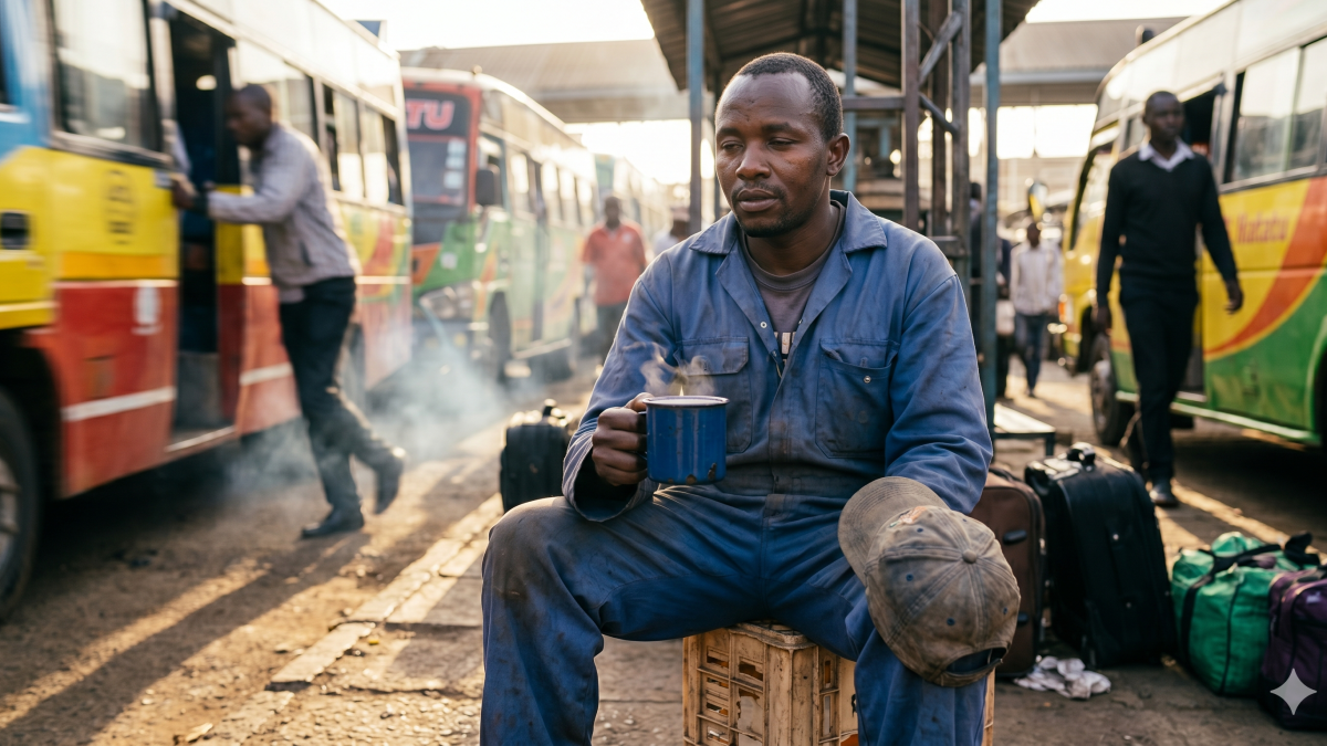 A busy mechanic finds a quiet moment for herbal tea in a matatu terminus. PHOTO/Gemini