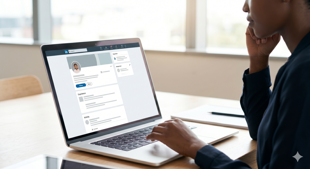 A professional sits at a desk managing their online presence through a professional networking profile visible on a laptop screen. PHOTO/Gemini