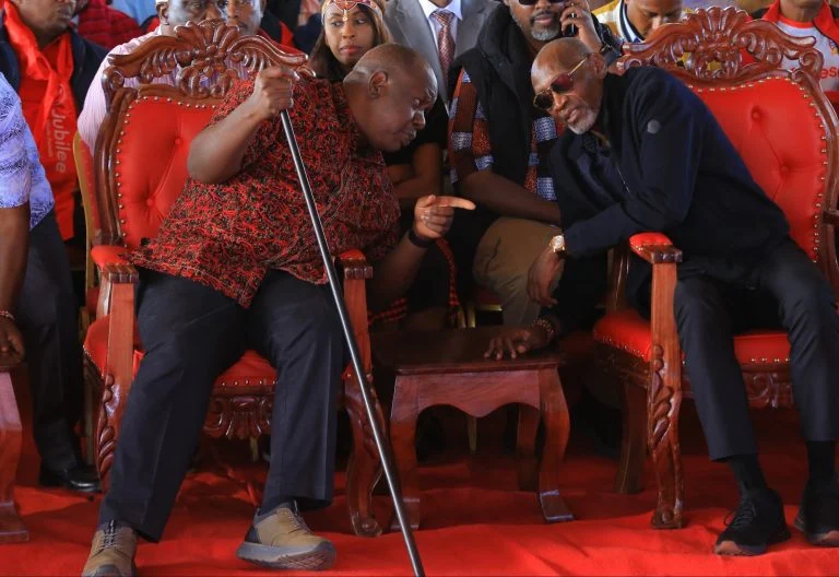 Jubilee Deputy Party Leader Fred Matiang’i engages in a conversation with Muhoho Kenyatta during the homecoming celebration for Jubilee Secretary General Moitalel Ole Kenta on Friday, May 1, 2026. PHOTO/@RealMatiangi/X