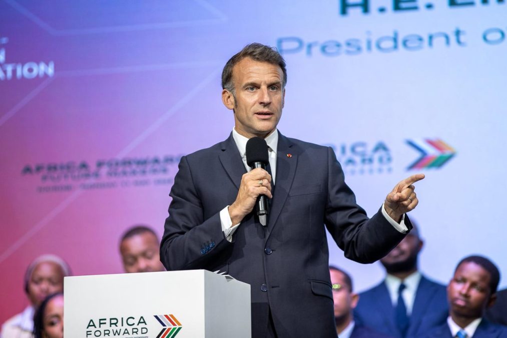 French President Emmanuel Macron speaking at the University of Nairobi. PHOTO/@WilliamsRuto/X