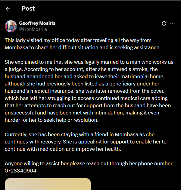A post shared by Geoffrey Mosiria on X. PHOTO/Screengrab by K24 Digital