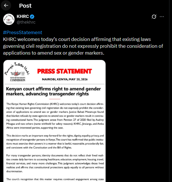 A post shared by KHRC on X. PHOTO/Screengrab by K24 Digital