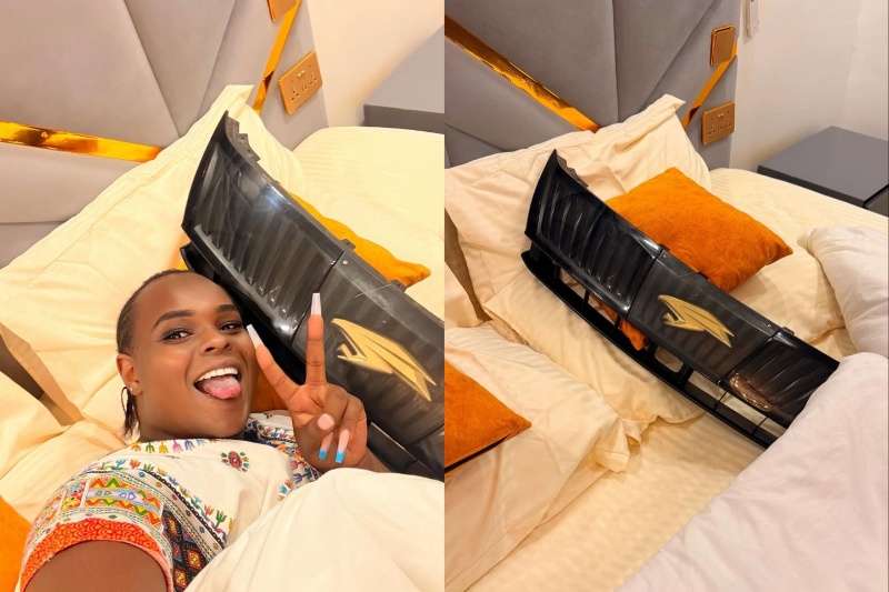 Content creator and influencer Kelvin Kinuthia shares photos with his Harrier front grill in bed. PHOTO/@officialkinuthia/Instagram