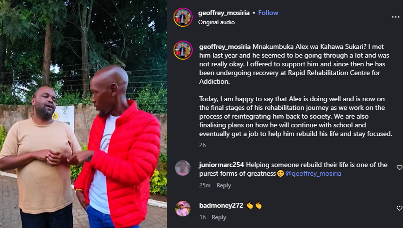 A post shared by Geoffrey Mosiria on his Instagram page. PHOTO/Screengrab by K24 Digital
