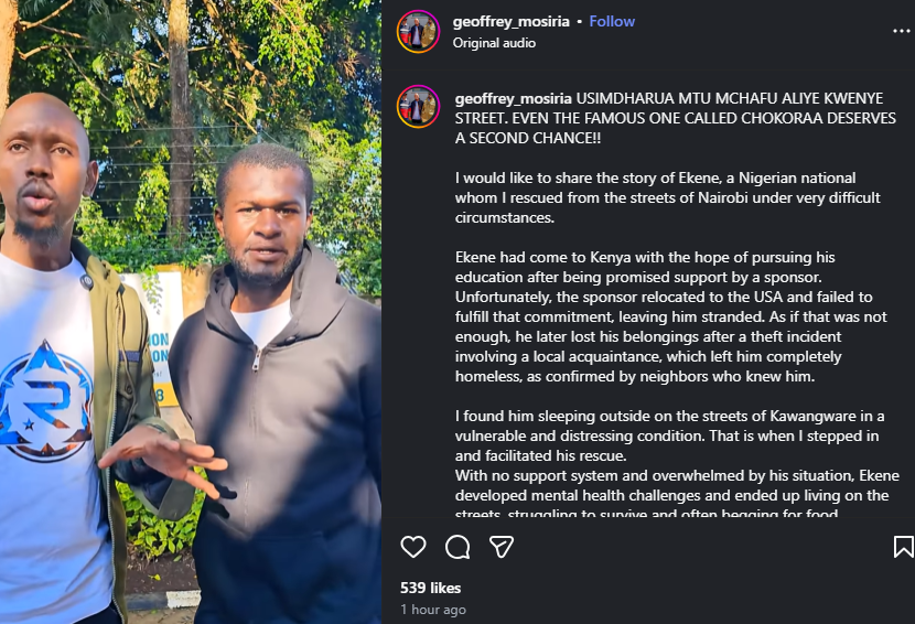 A post shared by Geoffrey Mosiria on Instagram. PHOTO/Screengrab by K24 Digital