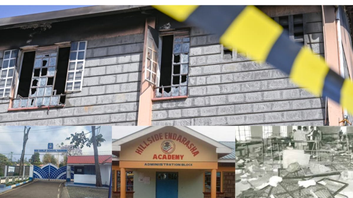 A photo-grid images of Endarasha academy in Nyeri, Moi Girls Nairobi, St Kizito and Utumishi girls after fire inferno. PHOTO/https://web.facebook.com/OnesimusKipchumbaMurkomen, https://web.facebook.com/profile.php?id=61557285399524, https://web.facebook.com/profile.php?id=61581942879262