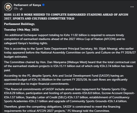 Part of the statement shared by Parliament of Kenya on Tuesday, May 19, 2026. PHOTO/Screengrab by K24 Digital/https://www.facebook.com/ParliamentKE