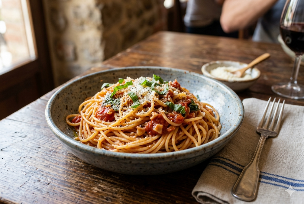 A bowl of leftover pasta on a table. PHOTO/AI