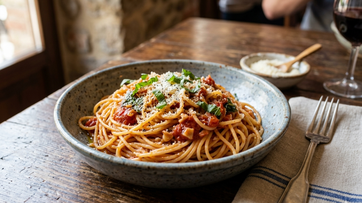 A bowl of leftover pasta on a table. PHOTO/AI