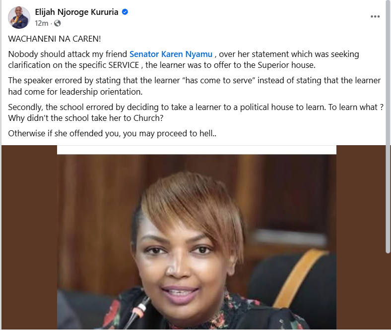 MP Elijah Kururia defends Karen Nyamu over remarks in Senate. PHOTO/https://www.facebook.com/njoroge.kururia