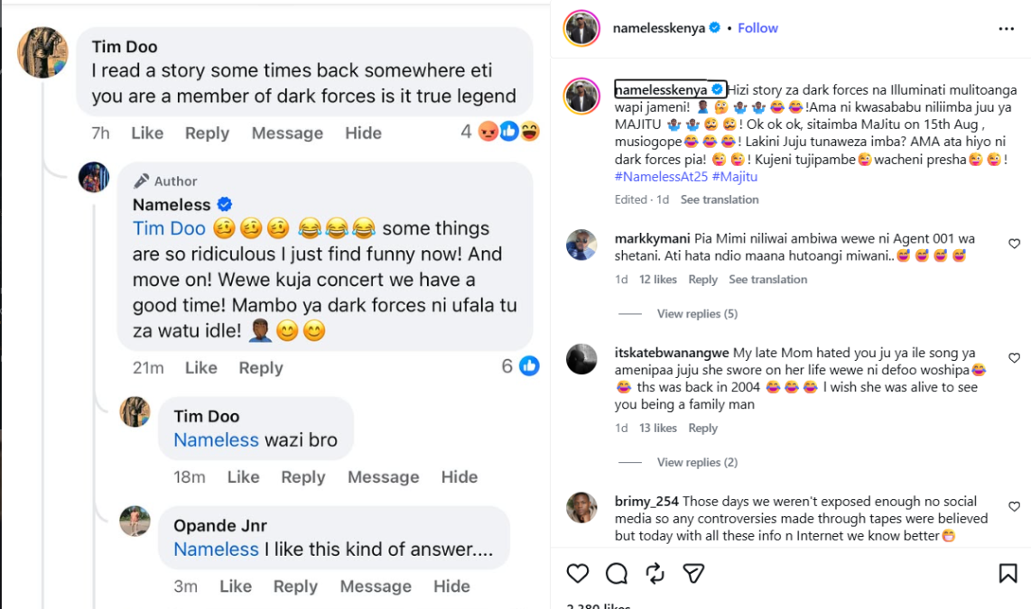 Nameless reacting to Majitu and Juju rumours. PHOTO/@namelesskenya/Instagram