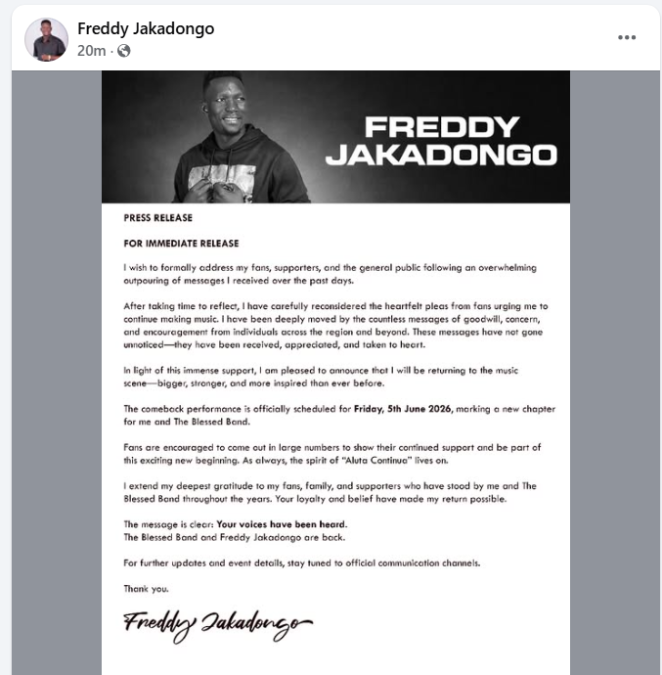 Freddy Jakadongo announces music return. PHOTO/https://www.facebook.com/profile.php?id=100044424340235