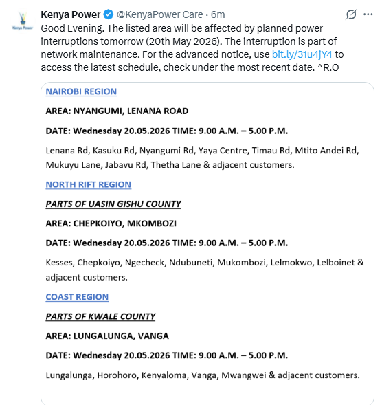 Kenya Power lists areas to be affected by blackout on May 20