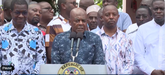 National Chairman of the Matatu Owners Association (MOA) Albert Karakacha speaking during a presser in Mombasa. PHOTO/@StateHouseKenya/X