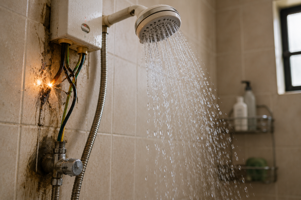 Hazardous spark in shower corner. PHOTO/AI